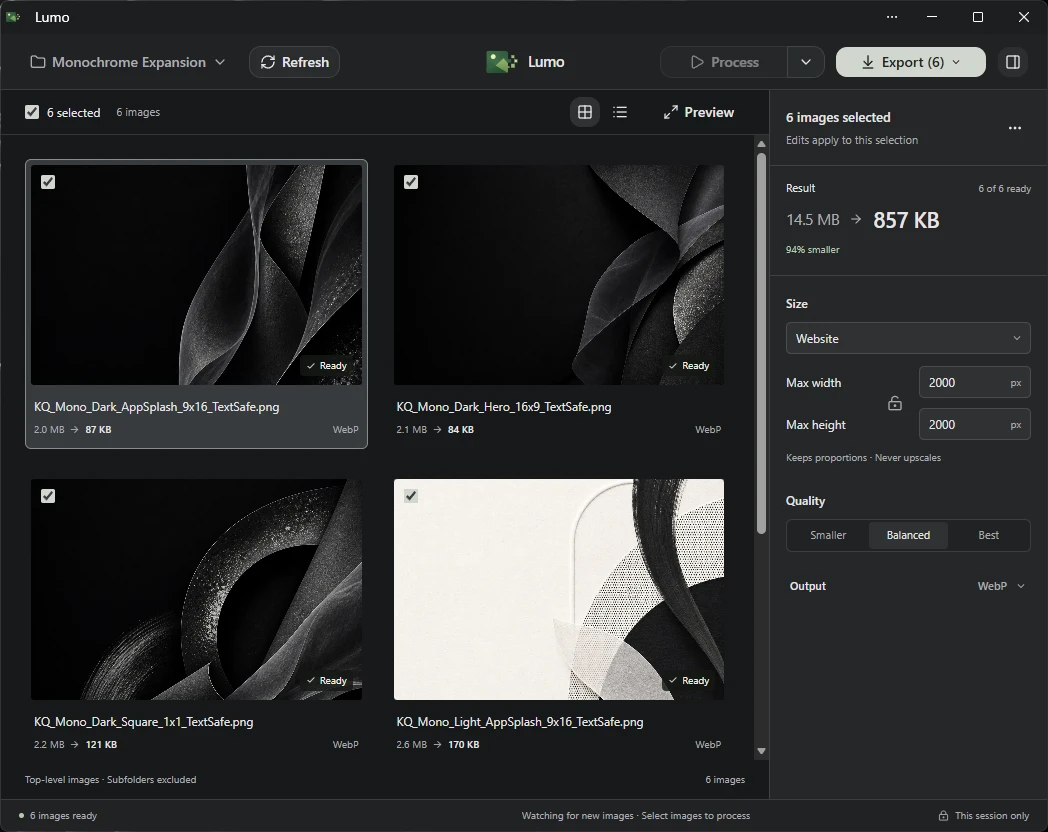 The Lumo app: a batch of images prepared together, with results and an Export action.