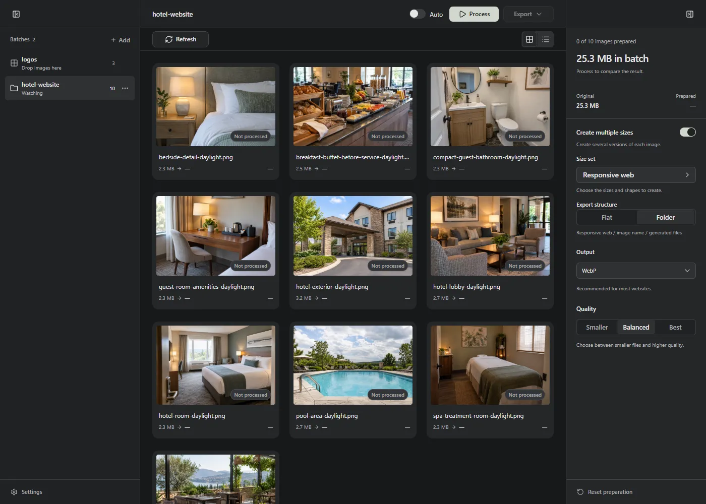 A hotel website folder open in Lumo, with its folder menu beside the name and preparation settings on the right.