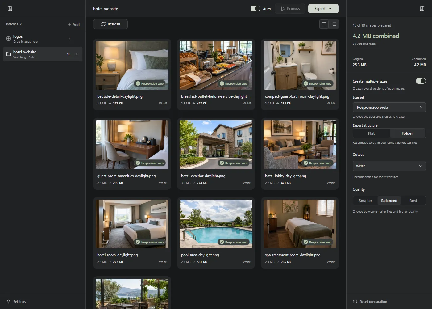 A hotel website folder in Lumo with prepared photos and folder controls.