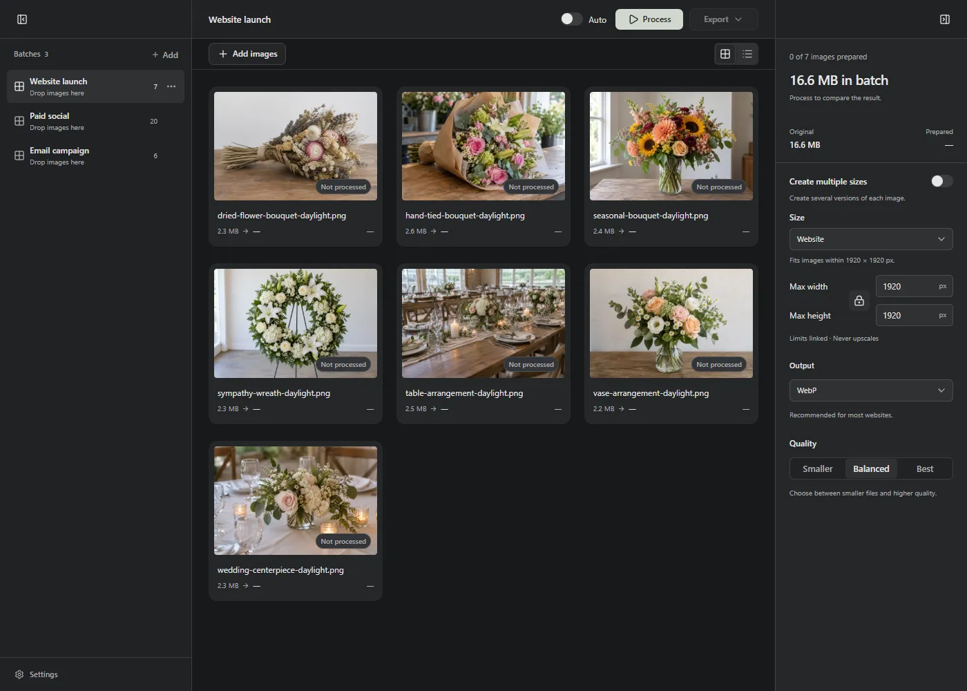 A website batch of flower photos waiting to be processed, with Add images and Process above them.