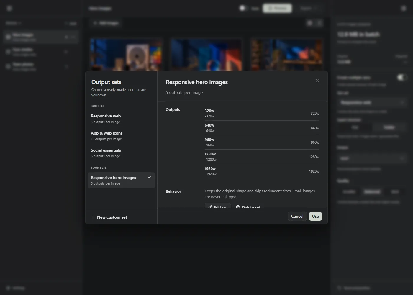 A custom set named Responsive hero images showing five output widths in Lumo.
