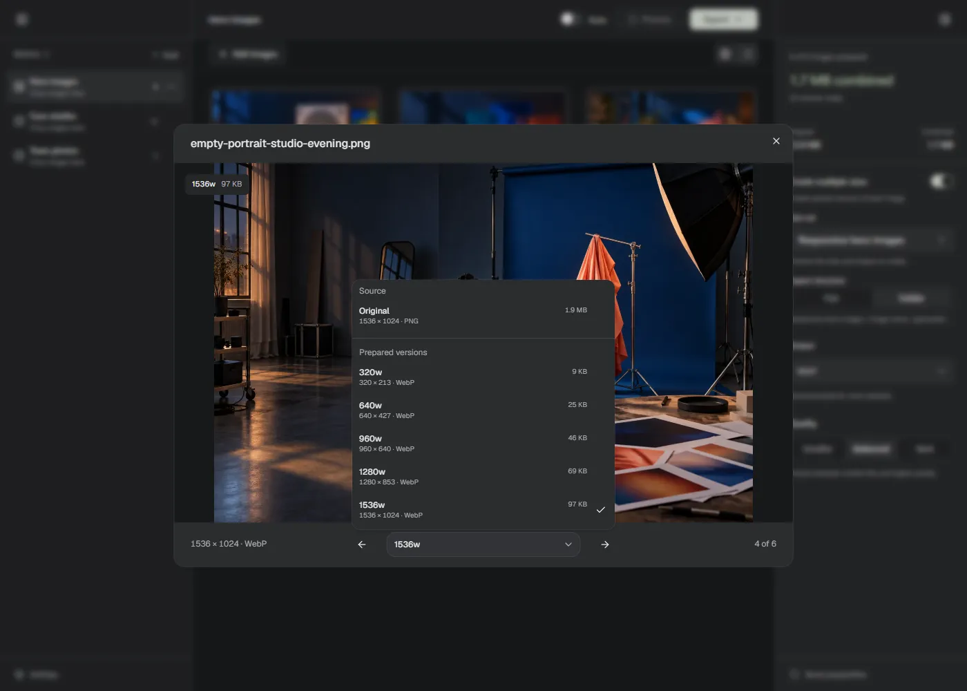 Lumo's image preview with a choice of prepared image sizes.