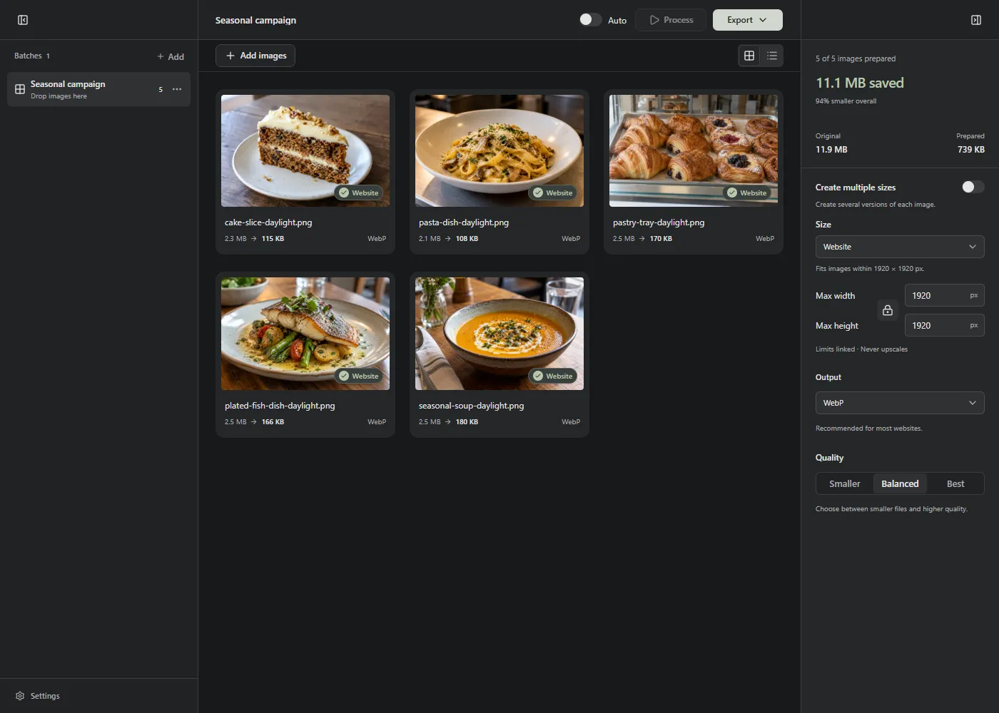 A prepared campaign batch in Lumo with results beside the image grid.