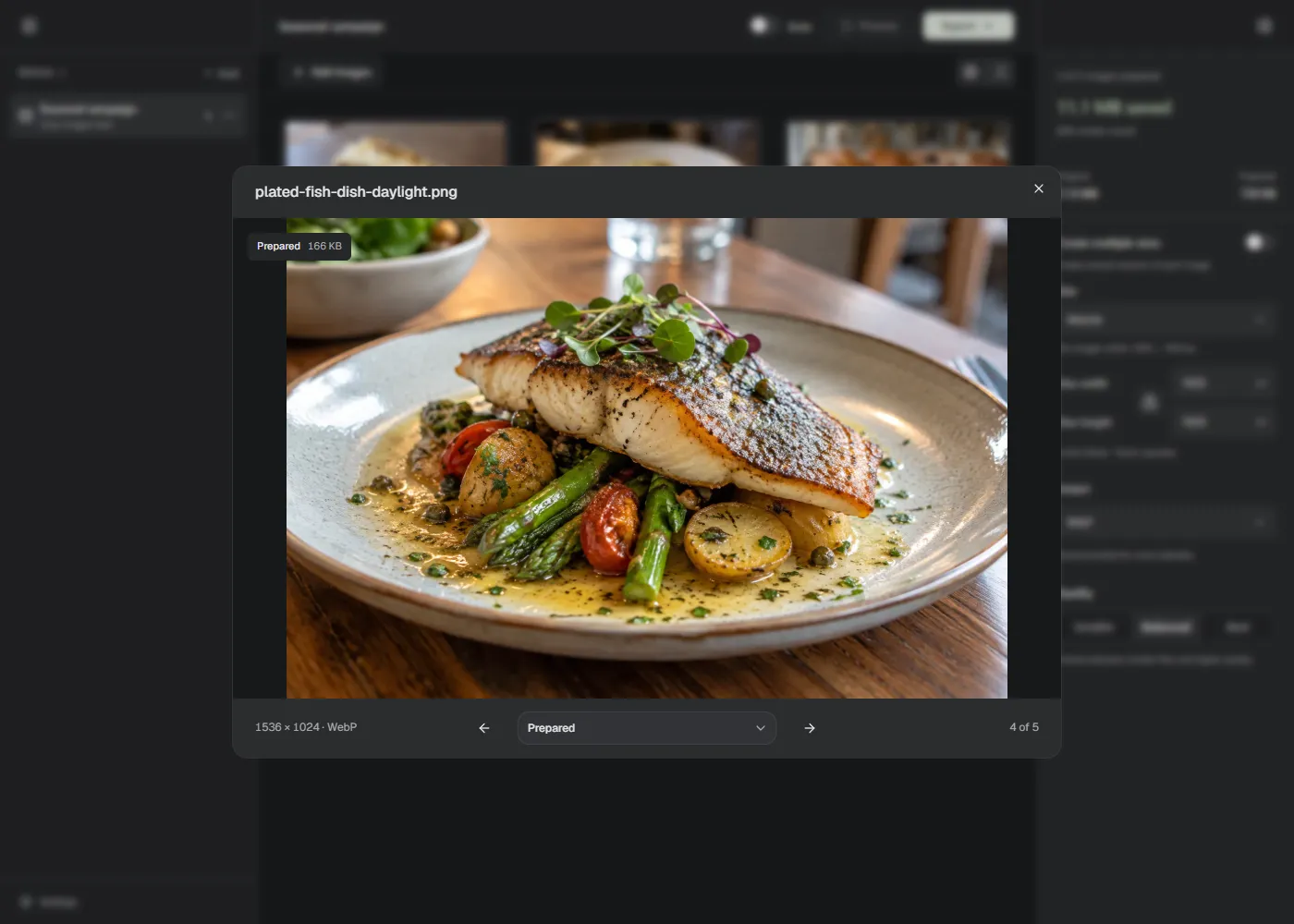 A prepared food photo open in Lumo's preview, with its file size and version picker visible.